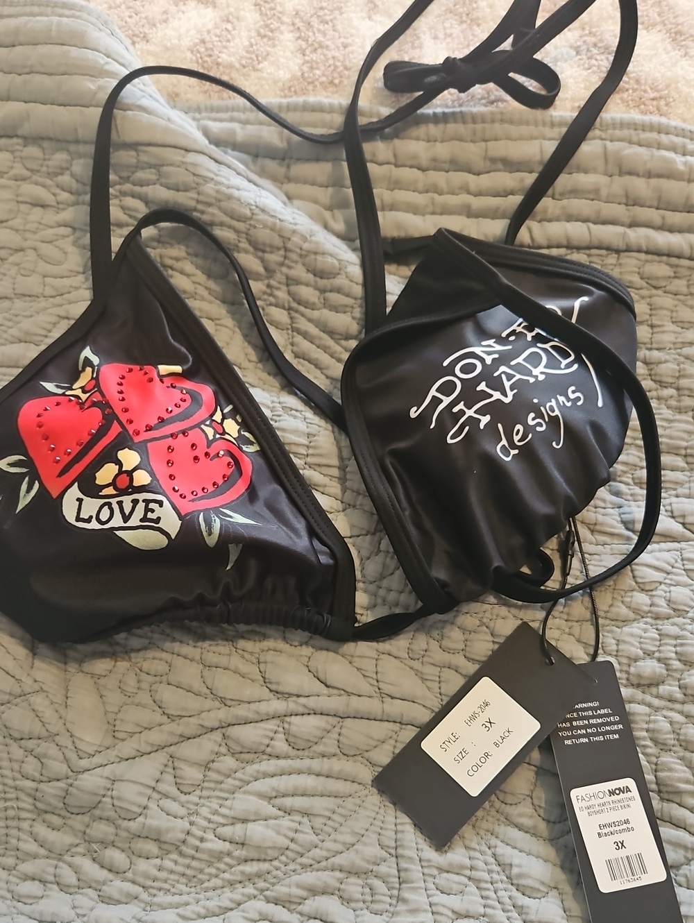 Black Triangle Bikini Top with Red Heart Print